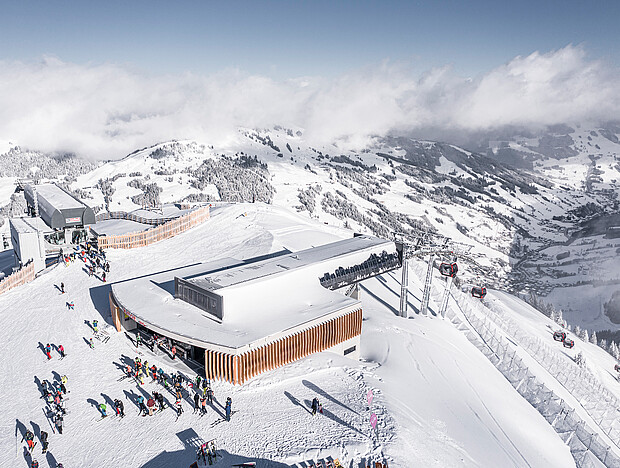 Aerial view of the Zwölferkogel Gondola in the Skicircus Saalbach Hinterglemm